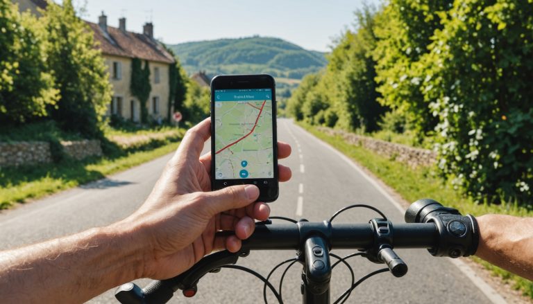 Application d'itinéraire vélo affichée sur un smartphone monté sur le guidon