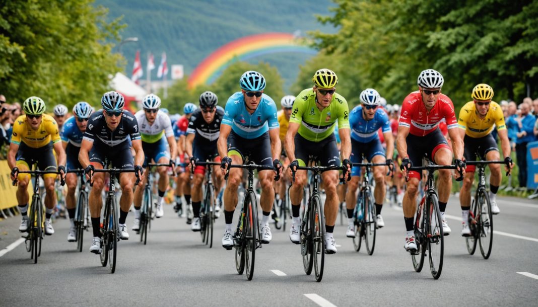 Peloton de coureurs cyclistes professionnels en pleine course lors des championnats du monde de cyclisme sur route, décor montagneux