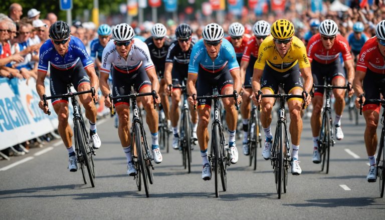 Illustration generee par IA d'un peloton de cyclistes professionnels en plein sprint