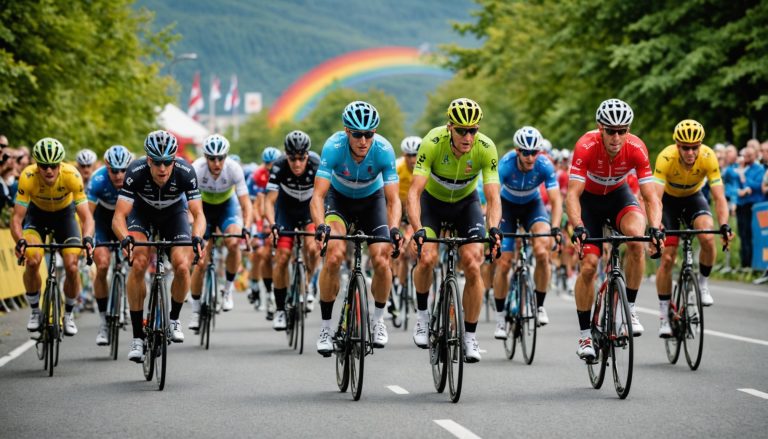 Peloton de coureurs cyclistes professionnels en pleine course lors des championnats du monde de cyclisme sur route, décor montagneux